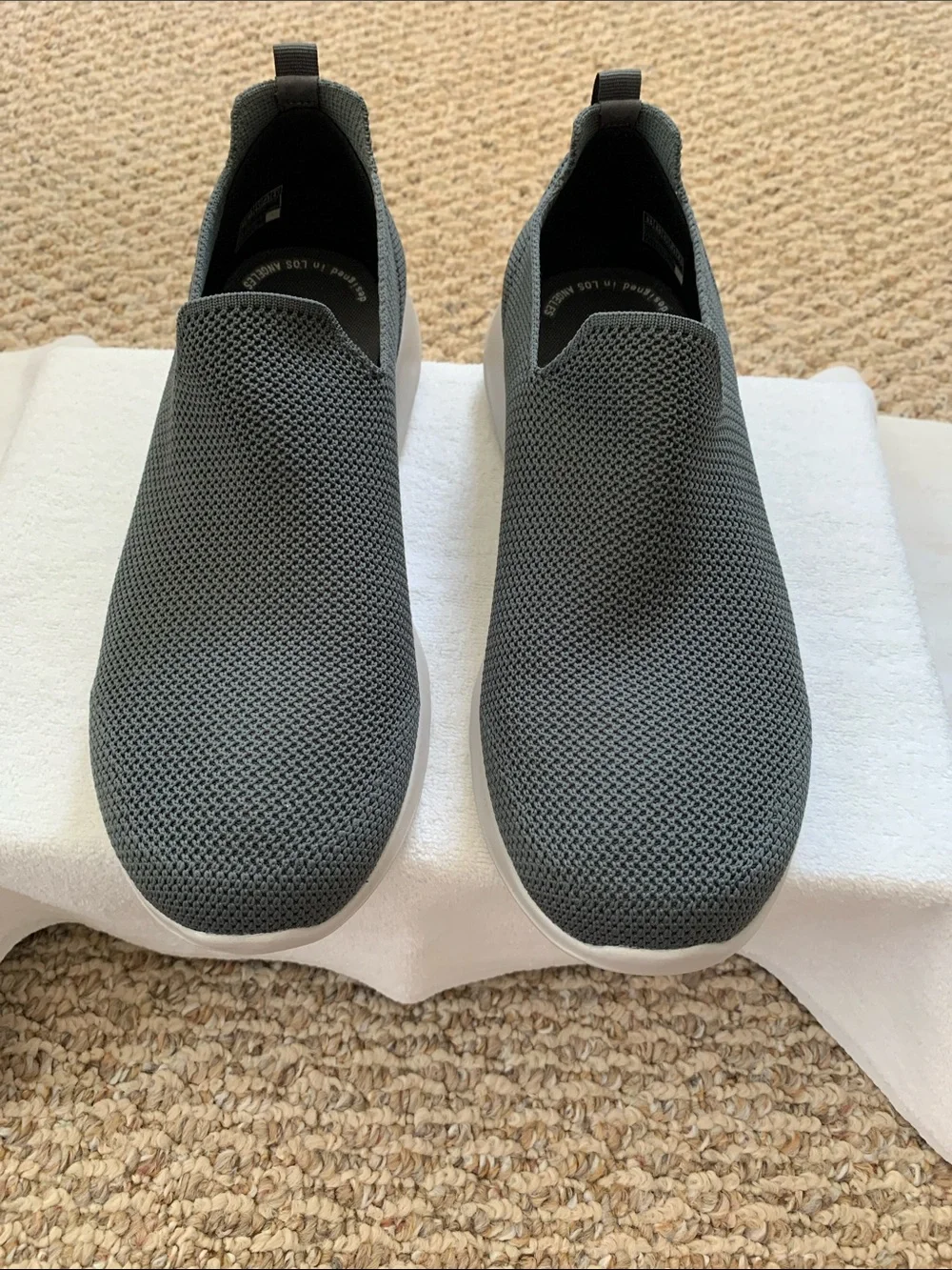 Skechers Men's Slip-On Mesh Loafers — Dark Gray with White Sole